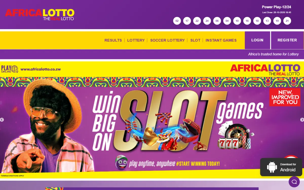 Screenshot of the Africa Lotto website home page