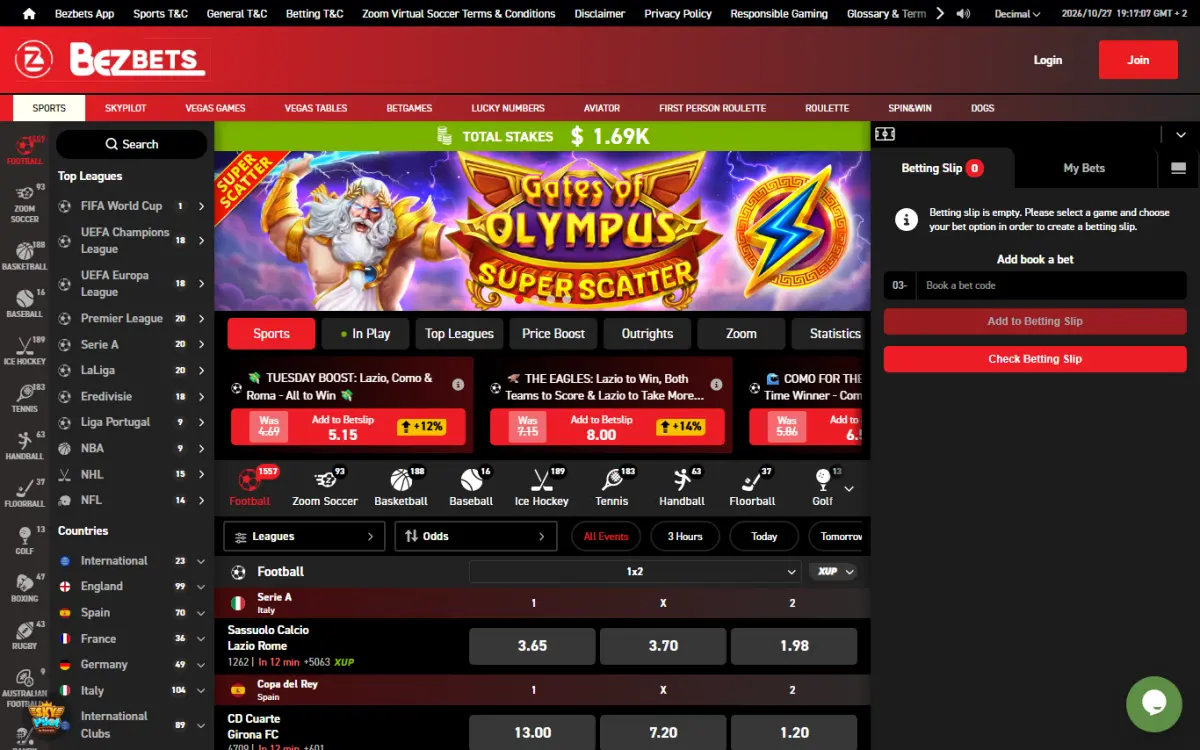 Screenshot of the Bezbets website home page