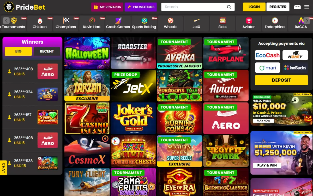 Screenshot of the PrideBet website home page